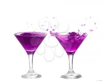 collage purple cocktail with splash isolated on white background