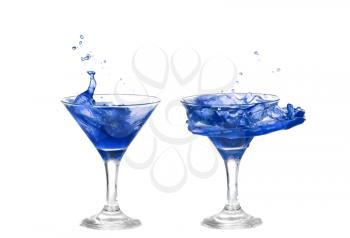 collage of blue cocktail with splashes isolated on white background