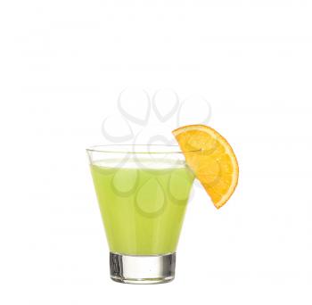 green alcohol cocktail with orange slice isolated on white background