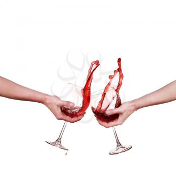 collage Red wine splashing from glass, isolated on white background