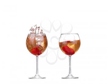 collage Single Strawberry splashing into a glass of wine