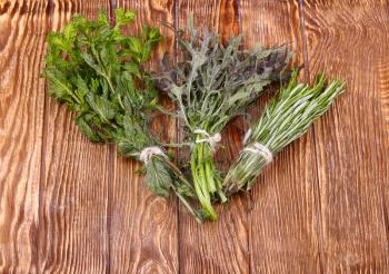 Fresh herbs hanging over wooden background