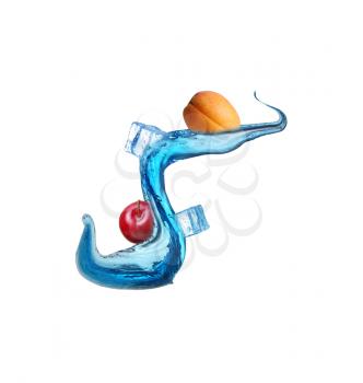 Peach and red plums in a spray of water and ice. Juicy peach with splash on a white background