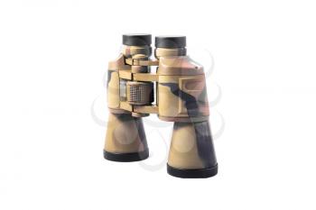 large camouflaged, khaki, black binoculars isolated on white. especially for hunters and military