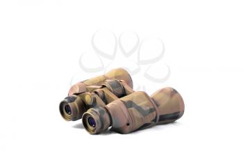 large camouflaged, khaki, black binoculars isolated on white. especially for hunters and military