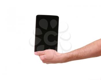 male hands holding a tablet touch computer gadget with black screen