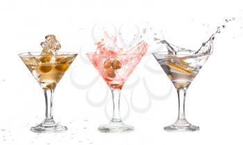 A martini glass on a white background; alcohol cocktail set with splash isolated on white; horizontal format
