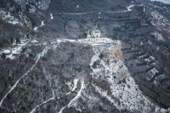 Winter Crimean mountains, Church in the mountains over Foros. Church of the Resurrection