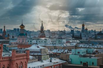 Russia, Moscow cityscape. View from the roof of a house in the Central part of the city. Top view of Moscow city skyline