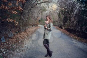 Beautiful Young Girl. Trip to the forest, to the mountains. Beautiful nature above the rocks and the sea. Crimea, Staroyalitinskaya road