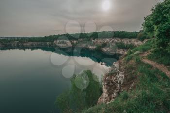 Overview of the green parks and the walled city of Krakow from a hill, Poland. Tvardovsky cliffs, former quarry