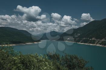 Zhinval water reservoir on the Aragvi river in Georgia. Caucasus mountains