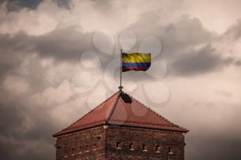 Closeup of grunge flag of Colombia. Flag with original proportions.