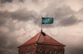 Flag with original proportions. Closeup of grunge flag of Kazakhstan