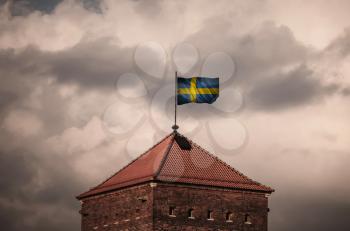 Flag with original proportions. Closeup of grunge flag of Sweden