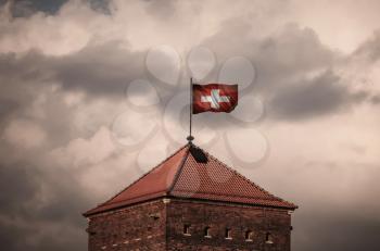 Flag with original proportions. Closeup of grunge flag of Switzerland