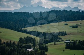 Meadow scenery landscape with blue sky concept. Tatra, border of Poland and Slovakia