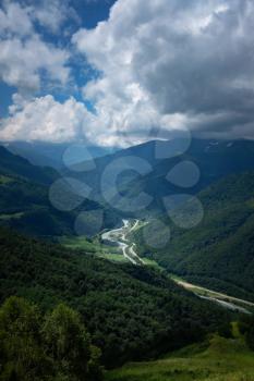 Summer in the mountains. beautiful green valley, top view . North Caucasus, Arkhyz, Russia.