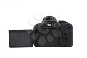 Black DSLR camera isolated on a white background. Studio shot for further processing