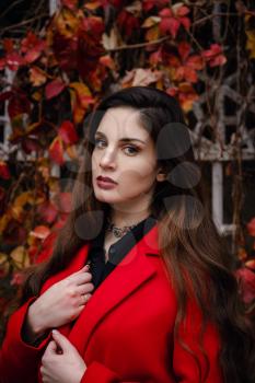 Beautiful young woman in red coat is enjoying autumn park. A pleasant walk on the background of a fence with branches of wild grapes and red leaves