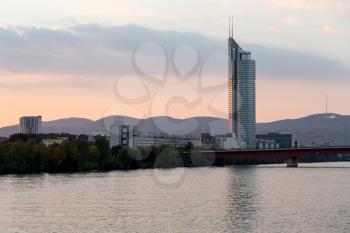 Modern glass covered office complex called Millenium Tower on banks of River Danube in Brigittenau near Vienna, Austria