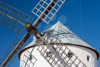 Detail of preserved historic windmills on plain above Campo de Criptana in Castilla-La Mancha, Spain