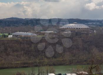 Skyline and cityscape of sports arena or Coliseum in Morgantown, home of West Virginia University or WVU
