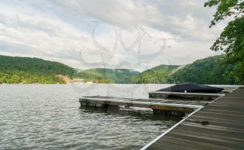 Boat moored at dock on Cheat Lake near Morgantown, West Virginia