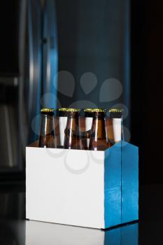 Six pack of brown beer bottles in plain white cardboard carrier with copy space on stainless steel kitchen or bar counter