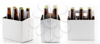 Three different views of six beer bottles in cardboard container with gold caps with reflection in shiny white base