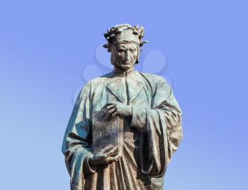 Statue of Dante sculpted in 1921 in scholars gown and holding Commedia book in Meridian Hill Park in Washington DC