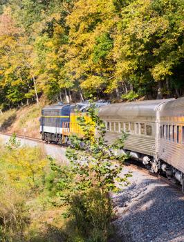 Diesel locomotive engine on steep trip into mountains of West Virginia