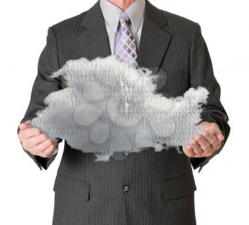 Senior male caucasian executive holding cloud computing shape and isolated against white background. Connection to electronic records via WiFi to web services applications