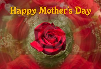 Happy Mother's Day background image with red rose plus swirling rose bouquet in the background