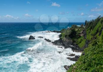 Gazebo viewpoint overlooks coast by St Peters Church near Hana on Hawaiian island of Maui
