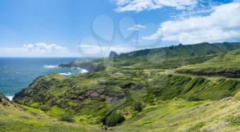 Panorama of rugged and beautiful coastline around north east of Hawaiian island of Maui on Kahekili highway