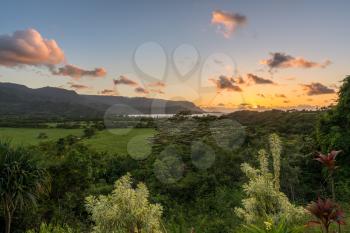 View over Hanalei bay and Na Pali range at sunset near Hanalei, Kauai, Hawaii