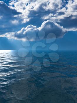 Background of stormy sky with sunrays between clouds reflected in smooth wavy ocean to illustrate flooding or climate change