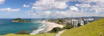 Panoramic view of the coastline and town of Tauranga from the Mount in New Zealand