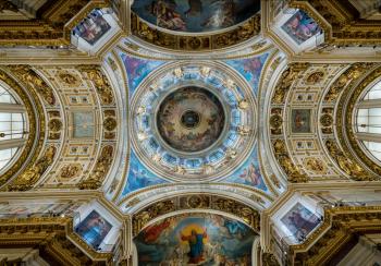 Painting of ceiling and dome inside St Isaac's Cathedral in St Petersburg, Russia