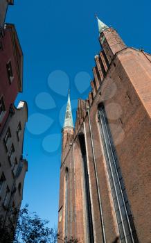 Brick exterior of the Basilica of the Assumption of the Blessed Virgin Mary in Gdansk, Poland