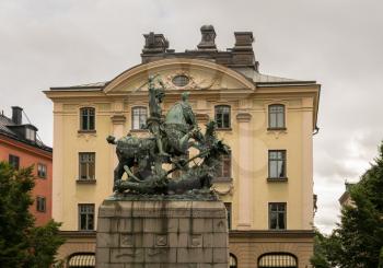 Bronze statue erected in 1912 of St George fighting the dragon in Merchants Square, Gamla Stan, Stockholm