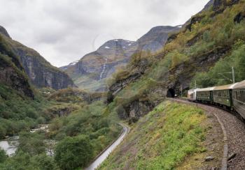 FLAM, NORWAY - 21 SEPTEMBER 2017: Locomotive and carriages on the Flam Line railway in Norway