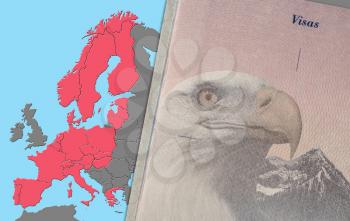 Detail of the visa page in a US passport against European Union map background for ETIAS Visa