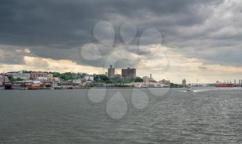 NEW YORK, NY - 5 JUNE 2018: Orange painted Staten Island Ferry docked at the island