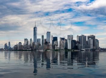 Panorama of Manhattan in New York City with artificial water showing reflections