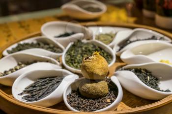 Different white, black, green and oolong teas in traditional tea ceremony in China