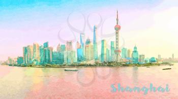 Digital art water color painting of widescreen panorama of the city skyline of Shanghai at sunset