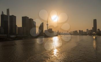 Panorama of the Pudong district of city of Shanghai at sunset