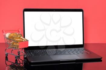 Concept for online and winter sales with shopping cart filled with gold coins in front of a modern laptop computer with isolated screen